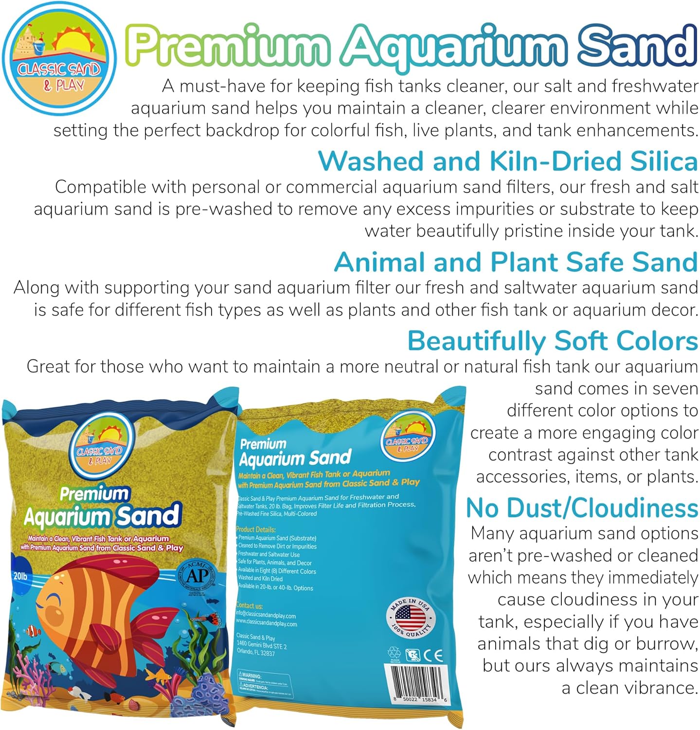CLASSIC SAND & PLAY Natural Aquarium Sand for Freshwater and Saltwater Tanks, 20 lb. Bag, Improves Filter Life and Filtration Process, Pre-Washed Fine Sand, Yellow
