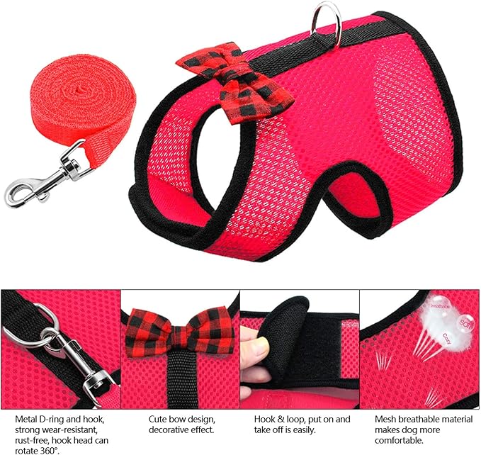 Rypet Small Animal Harness and Leash - Soft Mesh Pet Harness with Safe Bell, No Pull Comfort Padded Vest for Small Pet Red