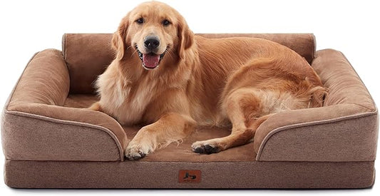 XL Orthopedic Dog Beds for Large Dogs, Waterproof Egg-Crate Foam Pet Couch Bed with Soft Sides, Non-Slip Dog Sofa with Flannel Removable Washable Cover, 42" L Supportive Pet Sofa, Brown