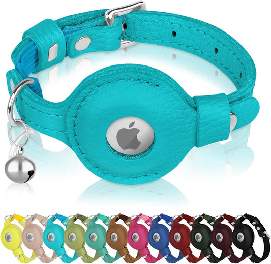 OOPSDOGGY Cat Collar for AirTag Holder, Leather Kitten Collars with Elastic Strap & Bell, Non Breakaway Adjustable Small Pet Collars for Indoor & Outdoor for Boy, Girl (Light Blue)