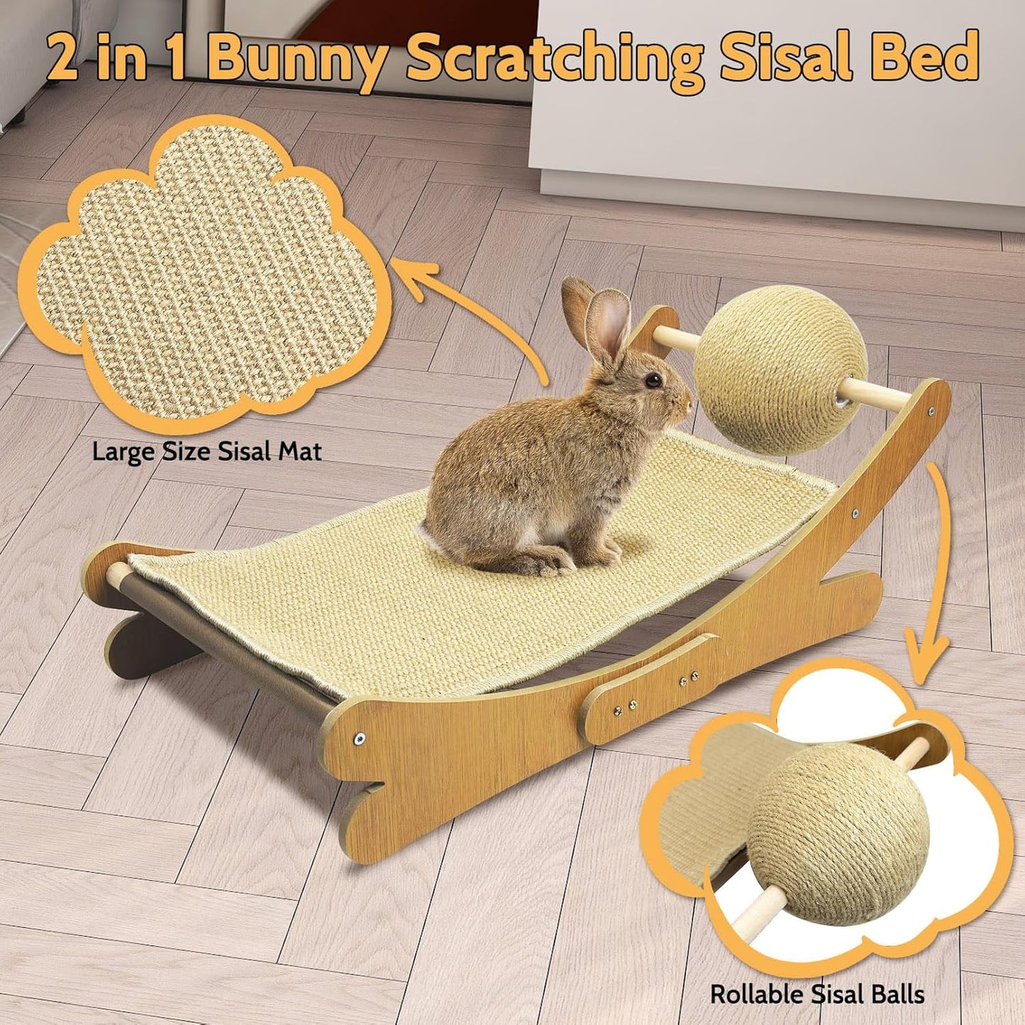 Fhiny Rabbit Scratch Toy, Natural Sisal Bunny Scratching Ball with Sisal Pad Scratcher Bed Hammock Bunny Claw Interactive Toys Mini Beach Chair Nail Scratching Post Mat Lounge for Indoor Kitten Ferret