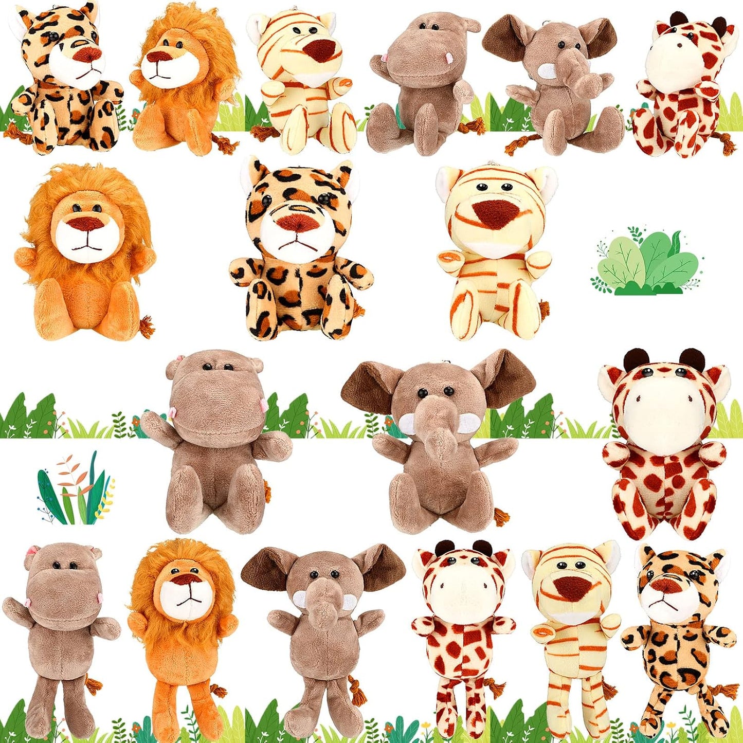 HyDren 18 Pcs Small Safari Stuffed Animals Bulk 4.8 Inch Jungle Animal Mini Plush Toy Lion Tiger Elephant Giraffe Leopard Monkey Figures for Summer, Baby Shower, Birthday Party(Cute Style)