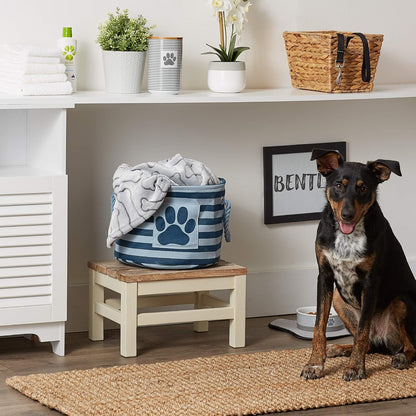 Bone Dry Pet Storage Collection Striped Paw Patch Bin, Dark Navy, Small Round