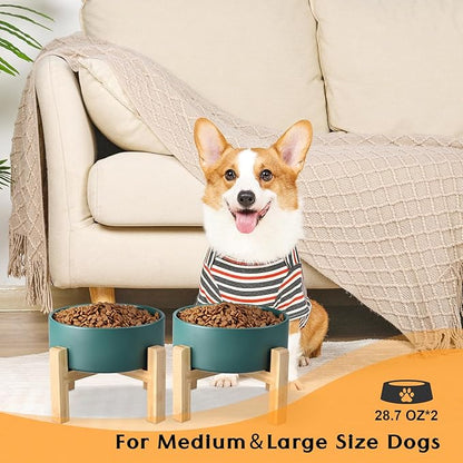 SPUNKYJUNKY Ceramic Elevated Dog Bowls 2 Pack - 6.1inch Raised Dog Bowls with Non-Slip Wooden Stand for Medium Dogs Dishwasher Safe(Green,28.7OZ*2)