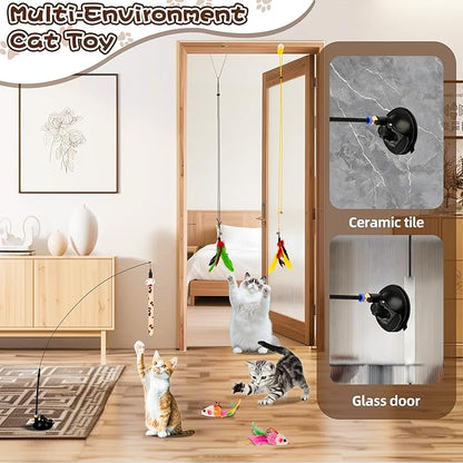 Cat Feather Toys, Enhanced Suction Cup Cat Toys, Interactive Cats Teaser Wand, 10pcs Fishing Pole Feathers Toy Replacements & 2pcs Bouncy Balls, 2 Types Door Hanging Cats String Toy