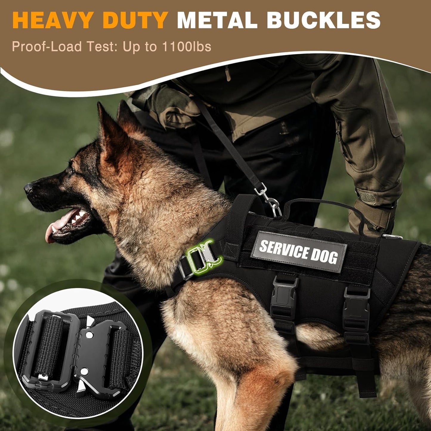 WINSEE Service Dog Vest Harness for Large Dog, Tactical Working MOLLE Vest with 10 Pet Patches, No Pull Heavy Duty Harness for Training Hunting Walking