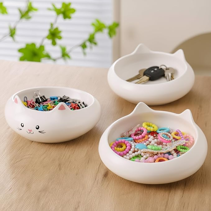 Key Holder Bowl, Home Decor, Desk Decor & Gifts for Girls, Cat Bowls, Ceramic Cat Food Bowl, Cute Kitten Water Bowls with 7.1oz Capacity, Cats Deals, Whisker Fatigue Friendly, Multi-Use