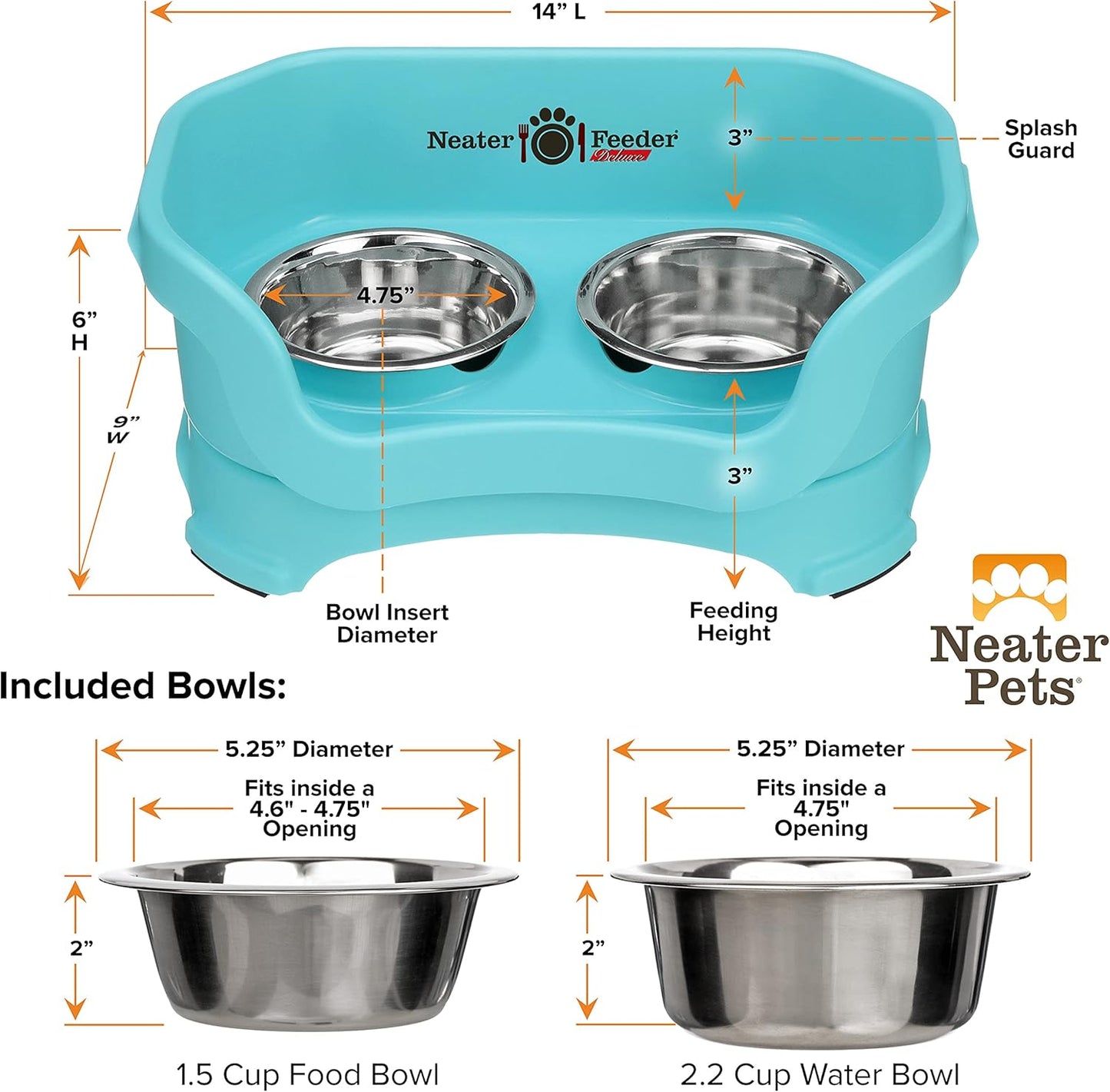 Neater Pet Brands Neater Feeder Deluxe Mess Proof Dog Bowls Elevated for Small Dogs Under 19 lbs, Made in USA, No Spill Raised Dog Food Bowl Stand Feeding Station, Food and Water Bowl Set, Aquamarine