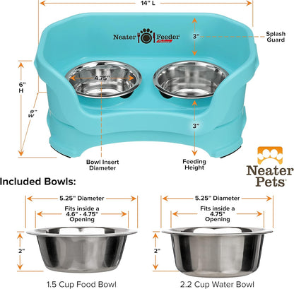 Neater Pet Brands Neater Feeder Deluxe Mess Proof Dog Bowls Elevated for Small Dogs Under 19 lbs, Made in USA, No Spill Raised Dog Food Bowl Stand Feeding Station, Food and Water Bowl Set, Aquamarine