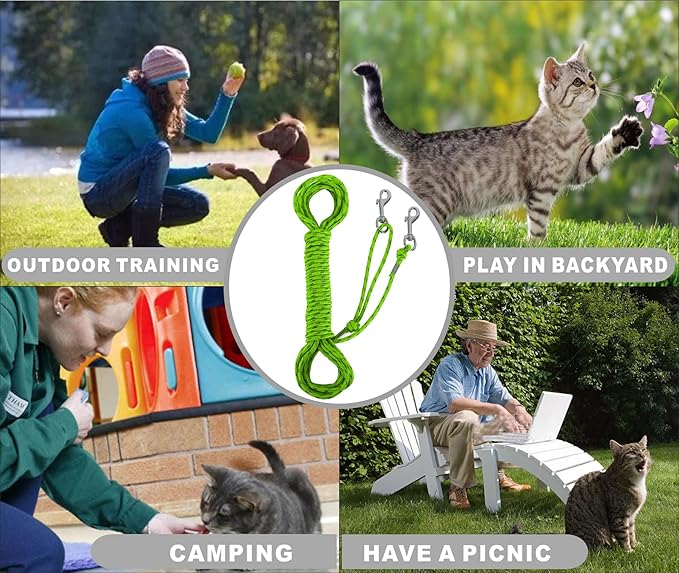 Reflective Cat Leash -15FT Cat Cable Out Escape Proof Walking Leads Yard Long Durable Safe Leash Traning Play Outdoor for Puppies/Kittens/Small Animals(Green)