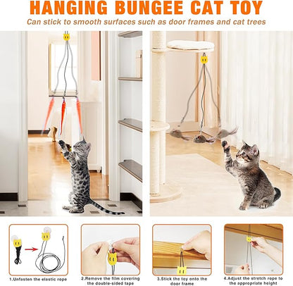 JXFUKAL Interactive cat Toy, Automatic Cat Wand Toy with Stable Wooden Base, 2 PCS Detachable Cat Teaser, 5PCS Refills Replacement & Hanging Cat Toy, Kitty Kitten Toys Cat Feather Spring String Toy