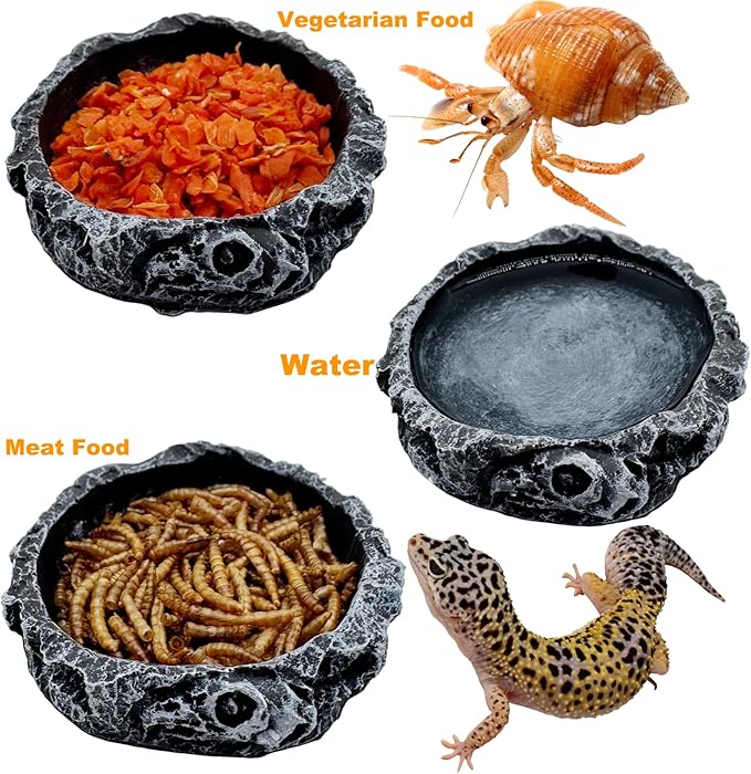 3 Pack Small Reptile Food and Water Bowls, Reptile Feeding Terrarium Bowls for Bearded Dragon Lizard Frog Gecko Tortoise Hermit Crab Snail (Black B)