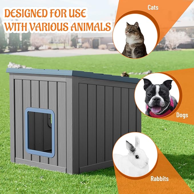 KAMABOKO Outdoor Cat House, Outside Multiple Kitty Feral Cat Houses, Weatherproof Shelter for Ferrel Cats and Dogs, Durable PP Material, Sloping Roof (Gray & Blue)