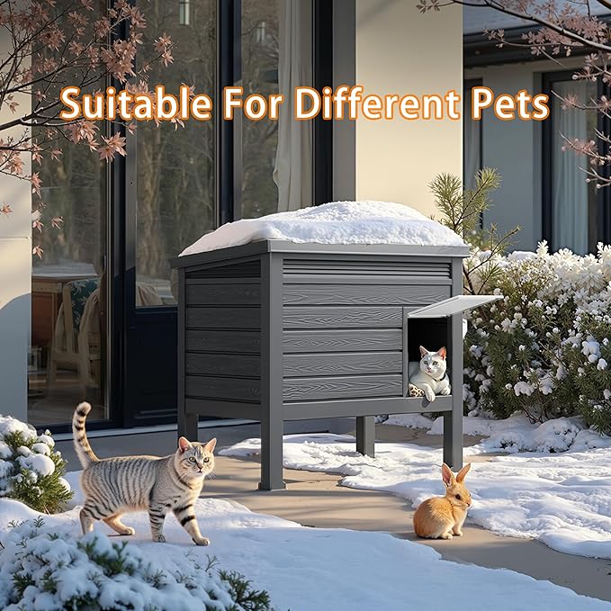 DRATO Outdoor Cat House,Weatherproof Feral Cat Shelter with Raised Floor,Warm,PP Material,Outdoor Feral Cat House for Cats and Small Animals,with Door,Easy to Assemble (Black, Large)