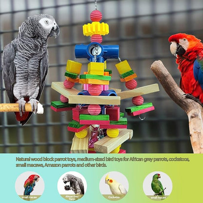 Parrot Toys for African Grey Parrots, Cockatoos, Small Macaws, Amazon Parrots Small and Medium Birds Natural Wooden Safe and Durable Chew Toys and Bird Cage Accessories
