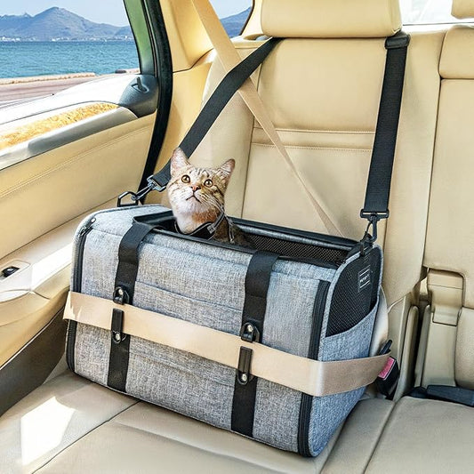 PETSFIT Cat Car Carrier for Small/Medium Cats Dogs, 18"x11"x11" Airline Approved Cat Carrier, with Patent Safety Buckles and Escape-Proof Zipper - Safeguarding Car Travel, Airplane, Vet, Outdoor
