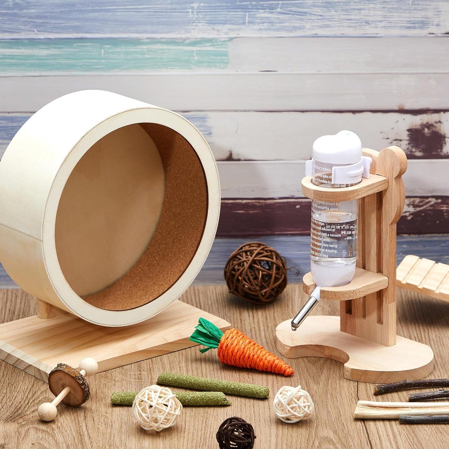2 Pcs 7.9" M Size Wooden Hamster Wheels and Hamster Water Bottle Set Guinea Pig Running Silent Exercise Wheels Small Animal Water Dispenser Stand Holder for Guinea Pig Gerbil