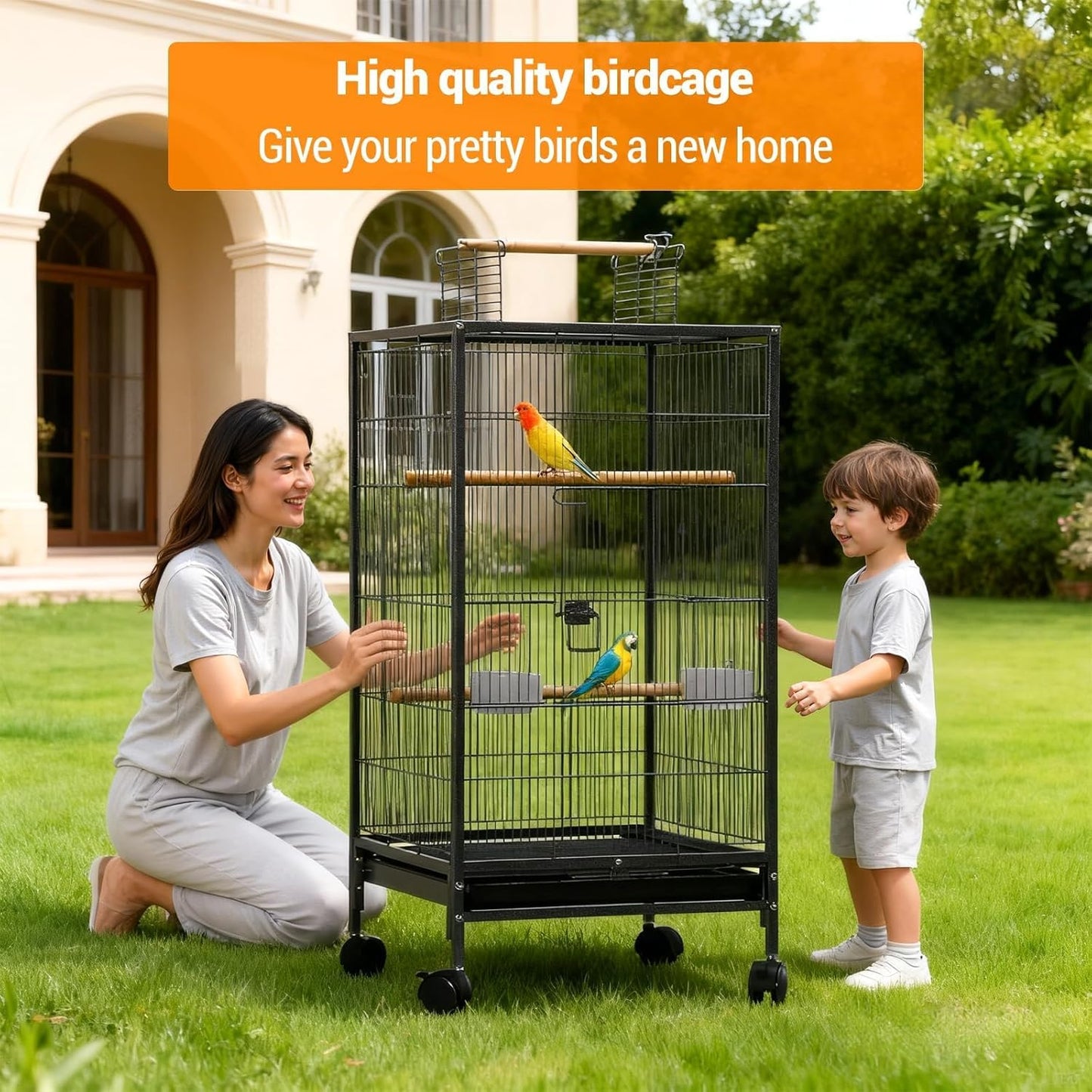 GarveeHome Small Bird Cage with Wheels, 40 Inch Parakeet Cage with Top Stand, Portable Bird Carrier for Parakeets, Canaries, Lovebirds, Small Quaker, Cockatiels, Budgie, Green Cheek