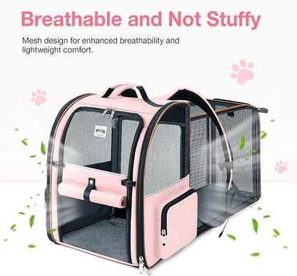Lekebobor Large Cat Backpack Carrier Expandable Foldable Pet Carrier Backpack for Small Dogs Puppy Medium Cats Fit Up to 18 Lbs for Travel, Hiking,Pink XL Size