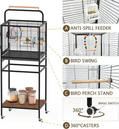 Bird Wrought Iron Cage, Home Style Detachable Travel Birdcage for Small and Medium Birds Parrots Lovebird Conures Cockatiel,Black,52-Inch