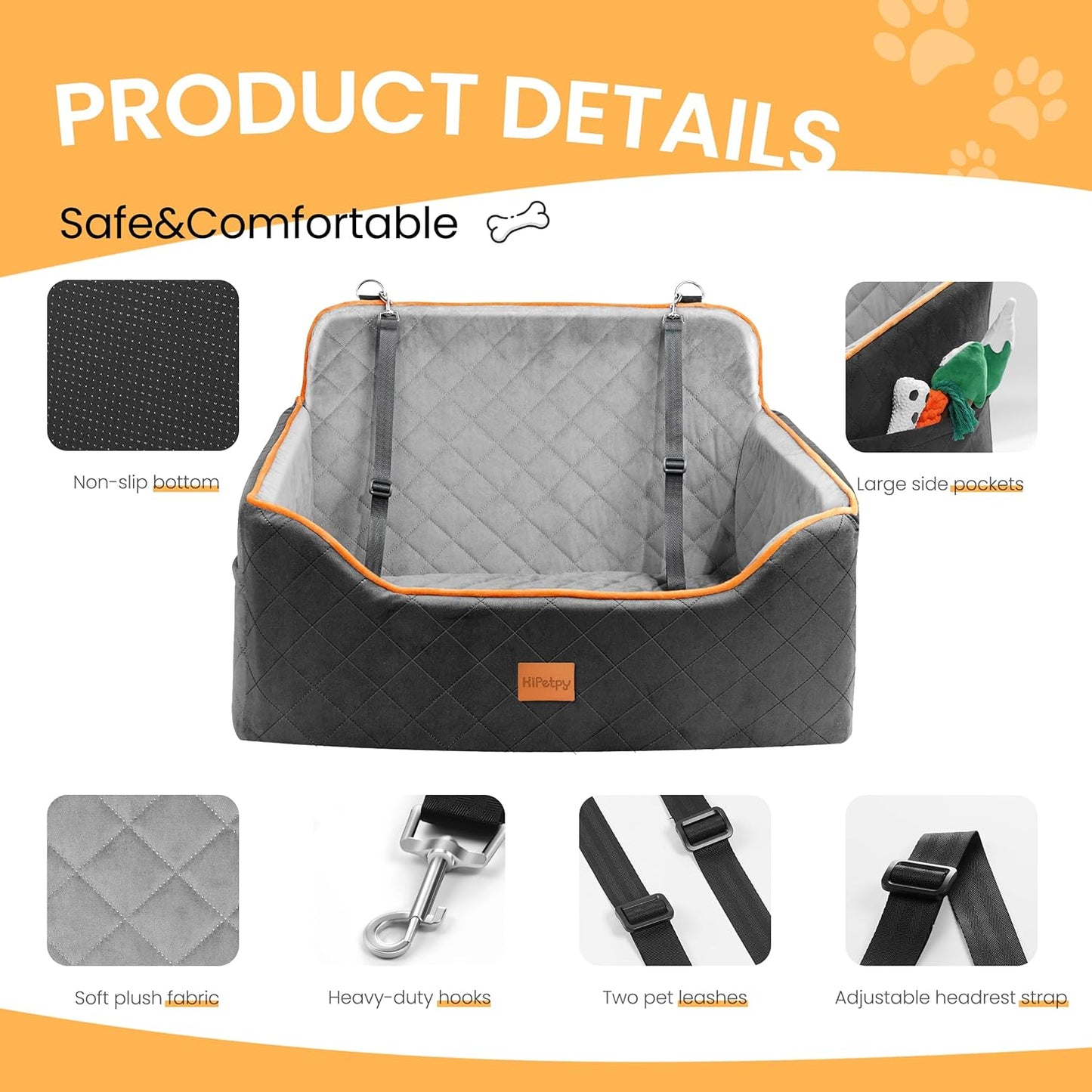 Dog Car Seat for Medium Dog, Booster Seat for Dogs Under 55lb, Elevated Pet Seat with Pocket, Anti-Slip Bed for Car, Perfect for Back Seat & Trunk with 2 Safety Leashes (Black/Grey, Large)