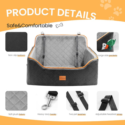 Dog Car Seat for Medium Dog, Booster Seat for Dogs Under 55lb, Elevated Pet Seat with Pocket, Anti-Slip Bed for Car, Perfect for Back Seat & Trunk with 2 Safety Leashes (Black/Grey, Large)