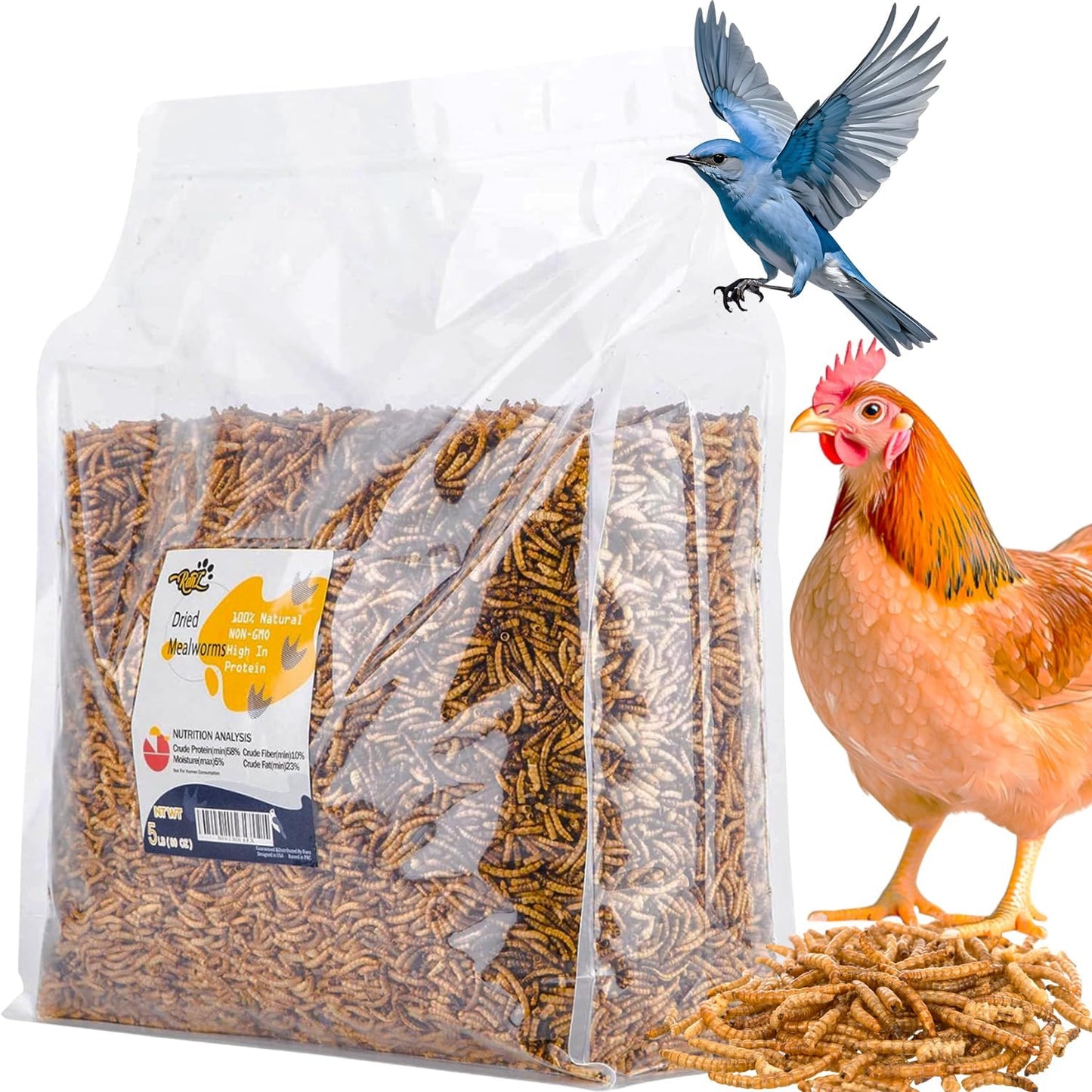 RANZ 5LBS Non-GMO Dried Mealworms for Chickens, High Protein Meal Worms, Premium Chicken Feed, Perfect Bird Food and Chicken Treats, Whole Large Mealworms for Wild Birds, Ducks, Fish