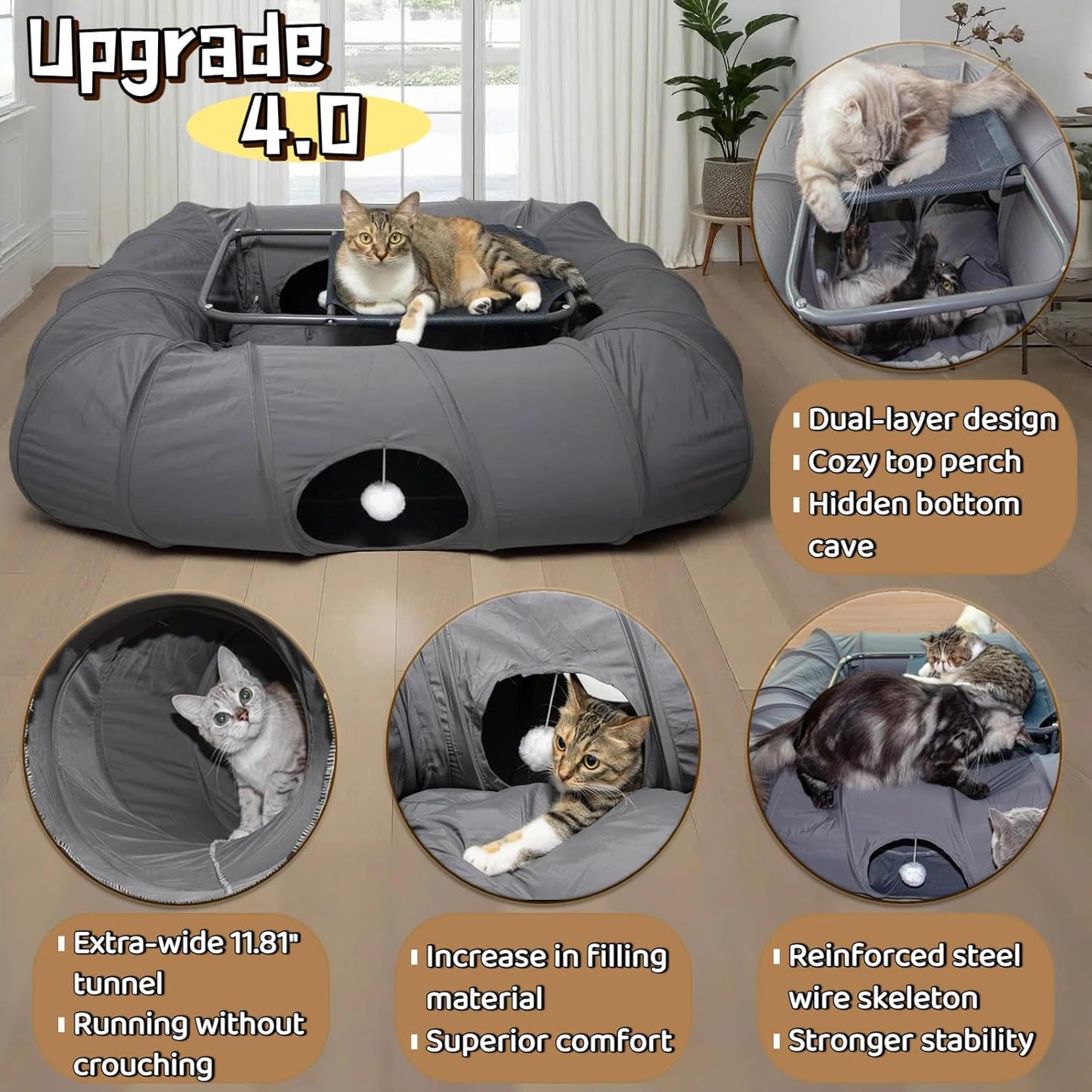 XxingSheep 2-Tier Cat Tunnel & Hammock Bed XXL, 4 Cave Shuttle with Elevated for Multiple Cats Toy Dark Grey