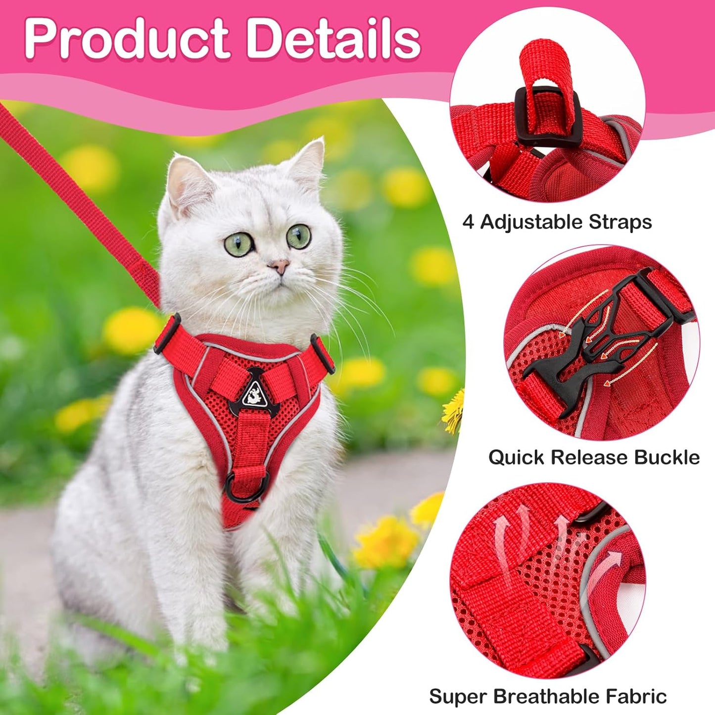 Cat Harness and Leash for Walking Soft Cat Harness Escape Proof, Adjustable Kitten Harness Cat Leash Reflective Strips Jacket, Breathable Cat Vest Harness Set for Kitten Easy to Wear Outdoor Walking