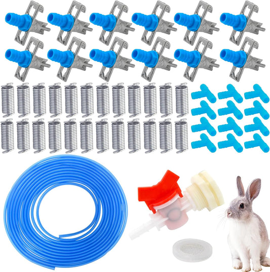 Upgrade Automatic Rabbit Watering Kit Include 12 Nipple Drinker Feeders, 32 Feet Odorless ID 5/16" Hose, Barb Fittings to G1/2" Thread Connector, Rabbit Nipples, Watering System Bucket Connector