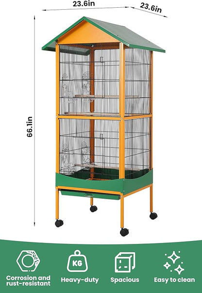 Garvee Bird cage, 66''H Extra Large Bird Cage, w/Removeble Tray, Waterproof Roof, Easy to Clean, Lockable Caster, Indoor& Outdoor Application for Conure,Macaw,Budgie,Cockatiel,Lovebirds,Parakeet