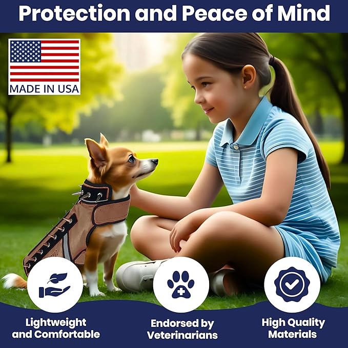 CoyoteVest SpikeVest Dog Harness Vest for Small Dogs, Reflective Dog Vest with Spikes to Shield Your pet from Coyotes, Raptor and Animal Attacks, Anti Hawk Vest, Made in USA (M-Texas Tan)