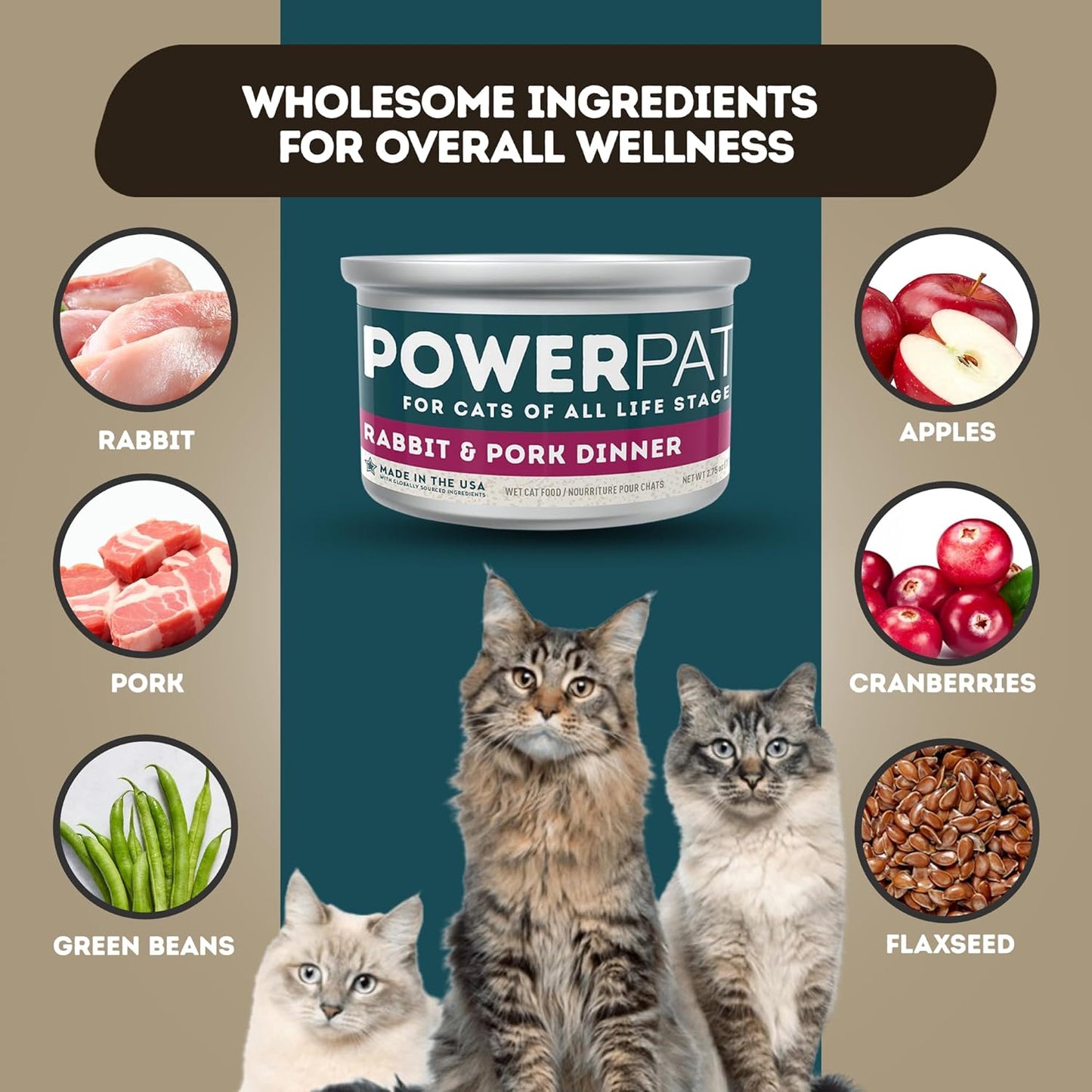 Only Natural Pet PowerPate Grain-Free Rabbit & Pork Wet Cat Food - High Protein, with Hydrating Broth - Healthy Balanced Nutrition for Kittens & Cats of All Life Stages, 2.75 oz Cans, Case of 12 (R)