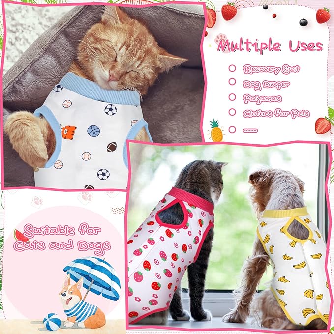 Nuanchu 3 Pieces Cat Recovery Suit Kitten Recovery Suit E-Collar Alternative for Cats and Dogs Abdominal Skin Anti Licking Pajama Clothes Sets(Large,Strawberry Style,Colorful)