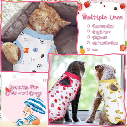 Nuanchu 3 Pieces Cat Recovery Suit Kitten Recovery Suit E-Collar Alternative for Cats and Dogs Abdominal Skin Anti Licking Pajama Clothes Sets(Medium,Strawberry Style,Colorful)