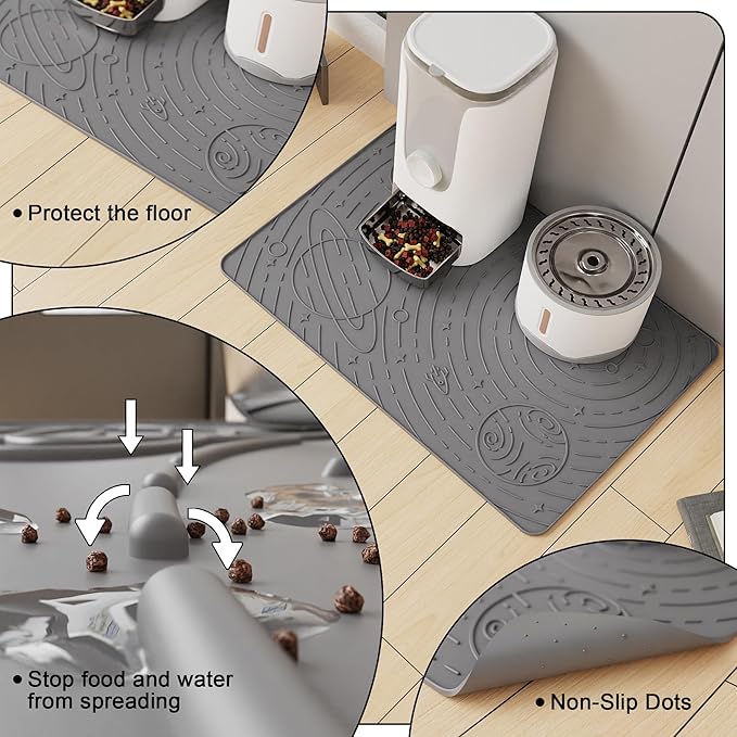 OHMO Dog Food Mat, Silicone Waterproof Cat Food Mat, Non-Skid Spill Proof Pet Feeding Mat for Food and Water, Easy to Clean Dog Placemat(Grey, 23.6" x 15.8")