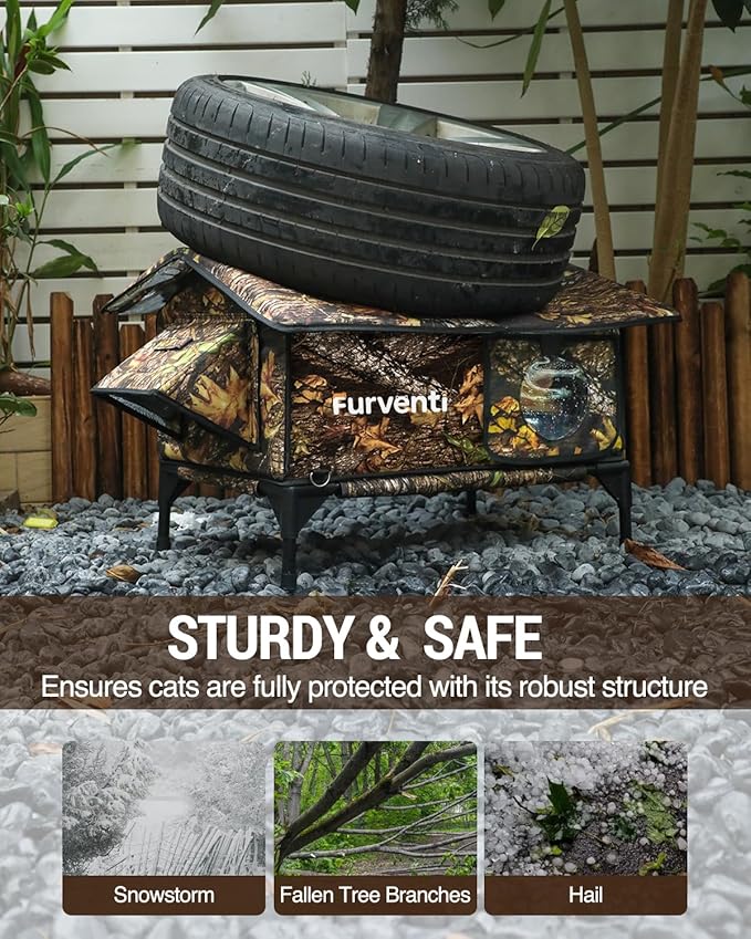 Heated Cat House for Outside,Extremely Weatherproof&Insulated in Winter,Elevated Outdoor Cat Shelter with Waterproof Eaves&Escape Door for Feral Stray Barn Cats(Leaves,L)