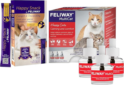 FELIWAY MultiCat 3 x 30 Day Cat Calming Refills for Pheromone Diffuser & Happy Snack Delicious Calming cat Treats (12-ct Chicken Flavor)