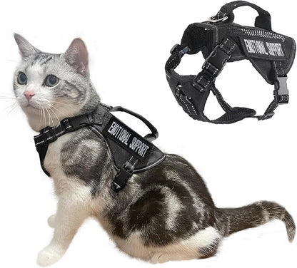 Tactical Cat Harness Adjustable Soft Padded Training Walking Esacpe Cat Vest Harness No-Pull Pet Harness Reflective with Easy Control Handle (Black, L)