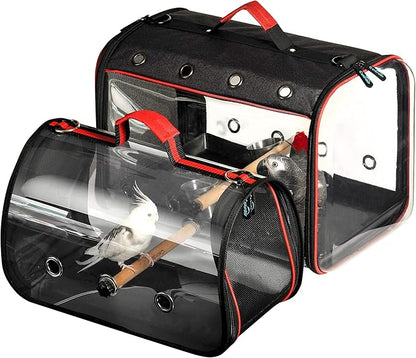 Colorday Lightweight Bird Carrier for Travelers, Bird Travel Cage with Parrot Feeder Cups & Standing Perch and Tracy (Large 19 x 12 x 13 inch, Black)