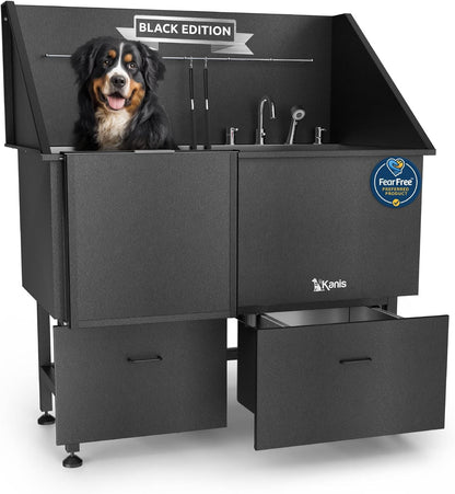 KANIS Black Line Professional Dog Washing Station - 304 Stainless Steel Pet Wash Sink & Grooming Bathtub w/Shower, Floor Grates and Storage for Large, Medium & Small Pets (50", 2 Drawers - Left Ramp)