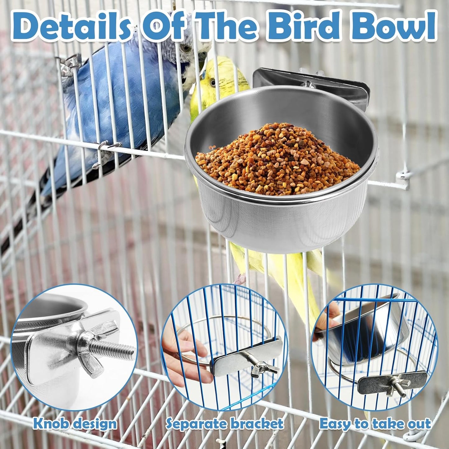 kathson 8 Pack Bird Feeding Dish Cups, Stainless Steel Parrot Feeders Water Cage Bowls with Clamp Holder Bird Feeders for Parakeet Cockatiels Conure Budgies Lovebird Finch and Small Animals