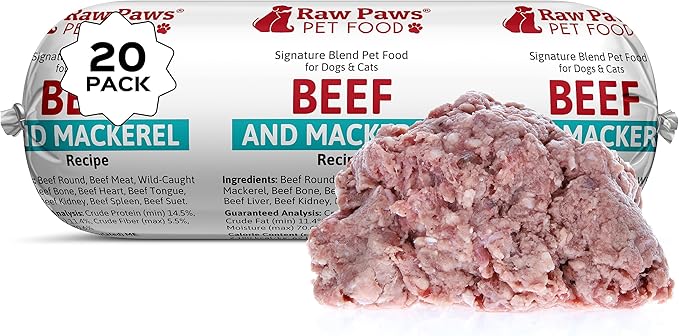 Raw Paws Signature Blend Pet Food for Dogs & Cats - Beef & Wild-Caught Mackerel Recipe, 1-lb Rolls (20 Pack) - Freshly Made in USA Natural Beef Fish Dog Food - Mackerel for Dogs, Raw Cat Food