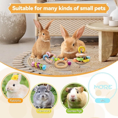 4 Pcs Wooden Bunny Toys - Safe Rabbit & Guinea Pig Toys for Chinchillas & Hamsters, Teeth Grinding, Indoor & Outdoor