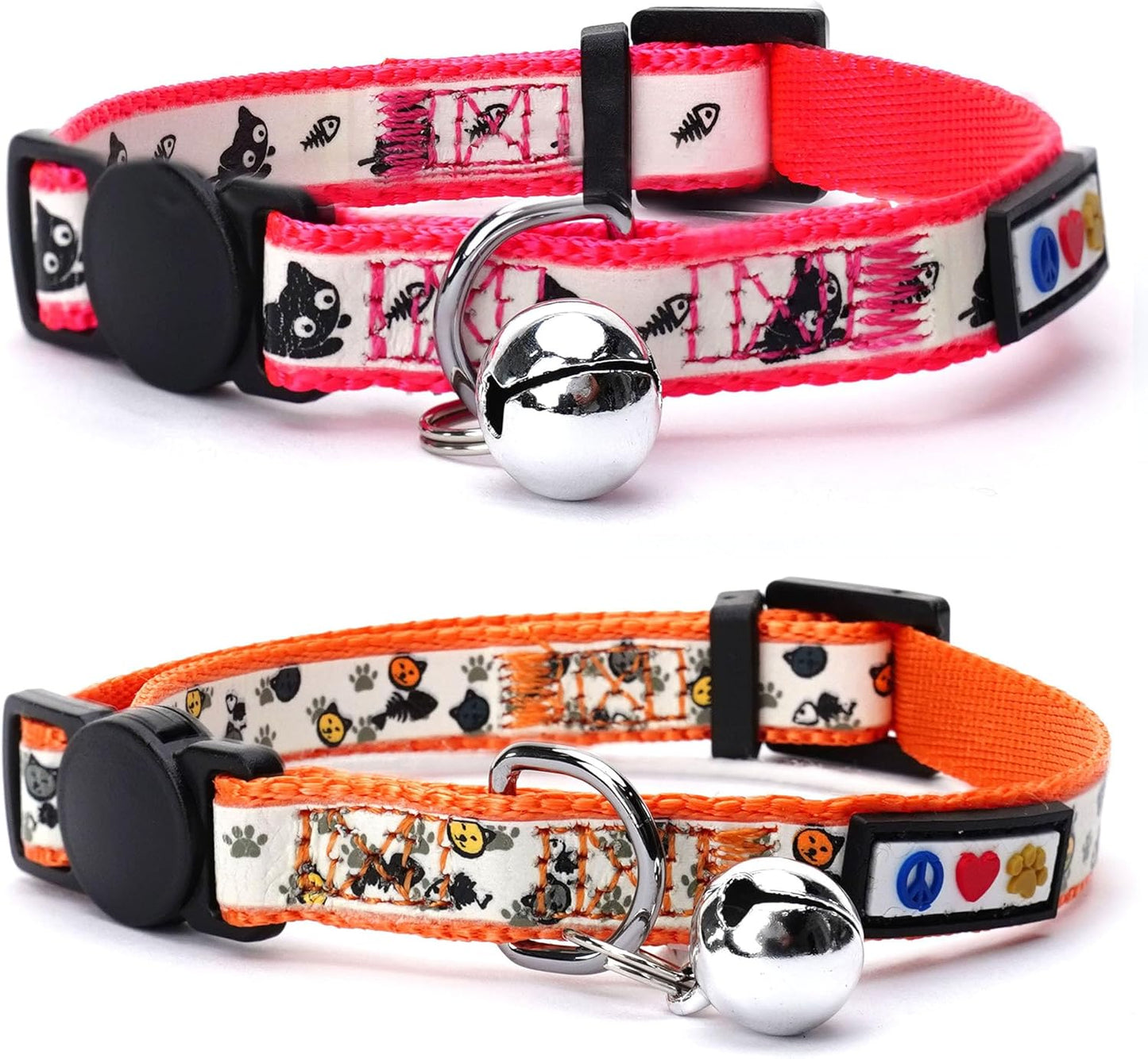 Pawtitas Glow in The Dark Cat Collar Set of 2 with Safety Buckle and Removable Bell Cat Collar Kitten Collar Pink Cat Collar + Orange Cat Collar