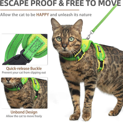 PUPTECK Cat Harness and Leash Set Escape Proof, Reflective Adjustable Soft Mesh Kitten Vest Harness for Walking Travel, Green, S