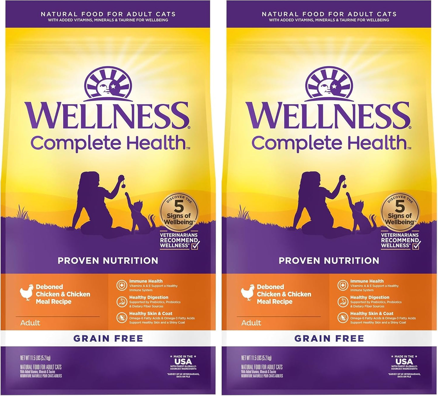 Wellness Natural Pet Food Complete Health Natural Grain Free Deboned Chicken & Chicken Meal Dry Cat Food, 11.5 Pound Bag (Pack of 2)