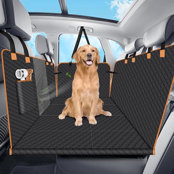 Dog Car Seat Cover for Back Seat, Dog Car Bed Cover with Strong Hard Bottom 4 Panels, Back Seat Extender Hammock for Cars SUV Truck Black Color