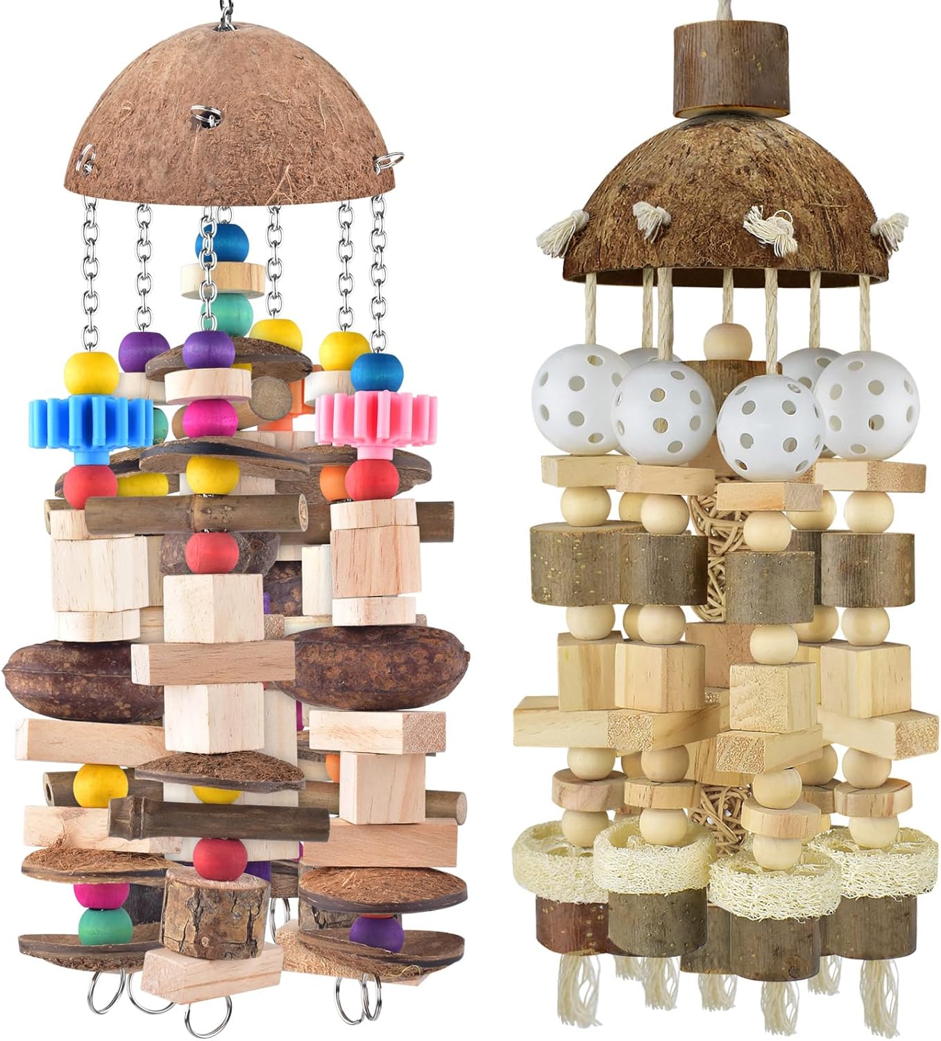 KATUMO Bird Toys, 2PCS Large Wooden Blocks & Coconut Shell Chew Toys for African Grey Cockatoo Amazon Parrots and Medium to Large Birds