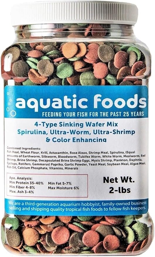 Aquatic Foods Inc. 4-Type 12mm - 1/2" Sinking Wafer Mix of Spirulina-Algae, Ultra-Worm, Ultra-Shrimp, Color Enhancing Wafers for Shrimp, Snails, Crabs, Crayfish, All Tropical Fish...2-lb Med Jar